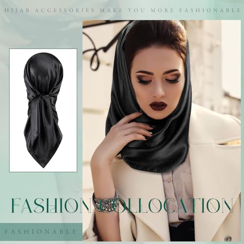 SATINIOR 35 Inch Silky Head Scarf 2 Pcs Large Square Neck Scarf Sleeping Hair Wrapping Satin Bandana for Women - color: Black, Dark Green, style: Classic