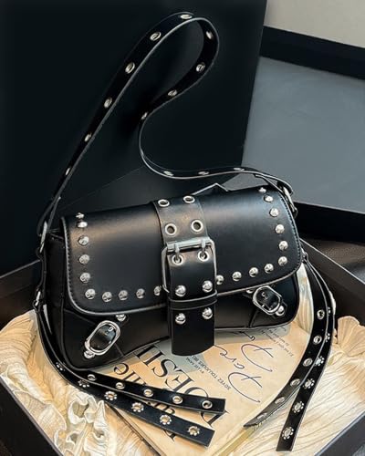 Y2K Trendy Purse for Women, Leather Buckle Punk Hobo Clutch Purses Bags for Ladies Top Handle Shoulder Bag - color: Black Silver