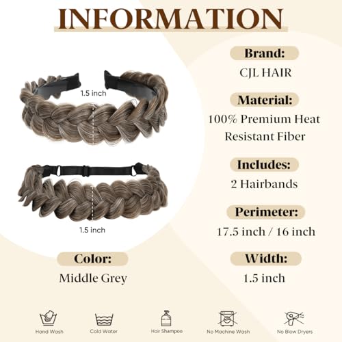 CJL HAIR 2PCs Braided Headbands Hair Piece for Women Synthetic Hair Hoops Head Bands Handmade Braid Hairband Accessories Elastic Stretch Headwrap Middle Grey - color: 2PCS-Middle Grey