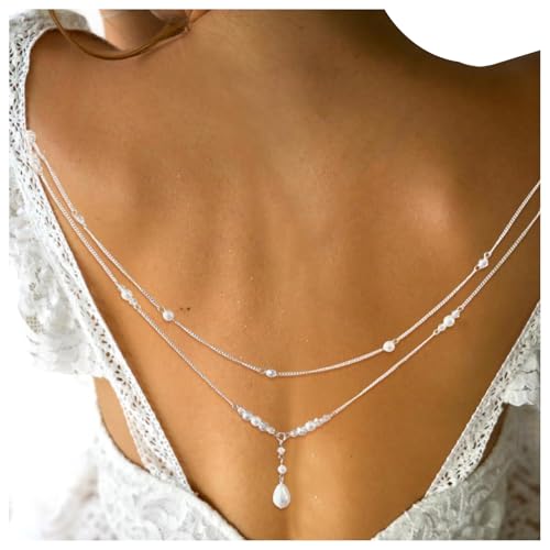 Layered Pearl Pendant Back Chain Necklace Bridal Wedding Pearl Backdrop Jewelry Summer Beach Crystal Backless Body Jewelry for Women Dress