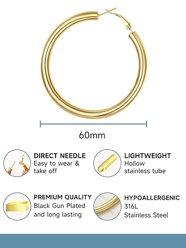 Stainless Steel Chunky Hoop Earrings For Women, Minimalist and Chic, Black/Gold Plated, Round Hoops Earrings Hypoallergenic, Size: 30mm/40mm/60mm/80mm, Come with Box - color: 1. Gold, size: 60MM
