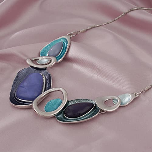 Vintage Chunky Statement Jewelry Set Retro Leaf Floral Geometric Bohemian Boho Bib Necklace Earring Set Fashion Costume Jewelry for Women Girls Wedding Party Prom Unique Gift - style: oval-blue