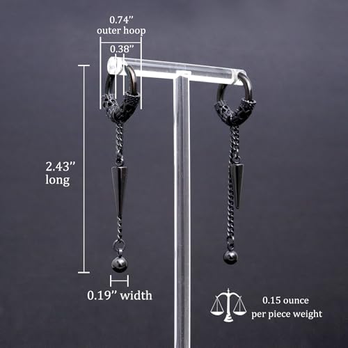 Sonateomber Gothic Silver Black Small Hoop Earrings for Women Men, Punk Hip Hop Engrave Beaded Goth Dangle Drop Earings Halloween Costumes Accessories Prom Fashion Jewelry Gift - color: Black Spike