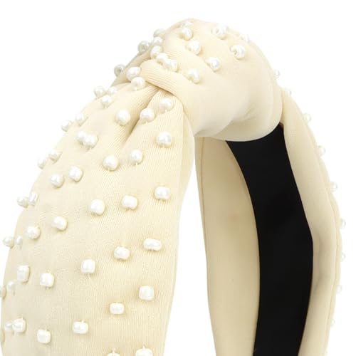 YISSION 1PC Pearl Knotted Headband for Women Non Slip Beaded Headband Wide Pearl Headbands Jeweled Embellished Hairband Off-white Head Band Hair Accessories for Women Girls - color: Off-white