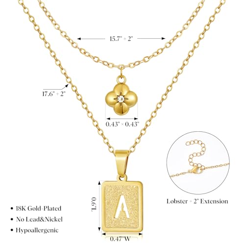 KELORIS PATH Layered Initial Necklaces for Women, 18K Gold Plated Stainless Steel Necklaces Set with Dainty Four Leaf Clover Square Cutout Letter Pendant, Fashion Jewelry for Gifts - style: M Letter