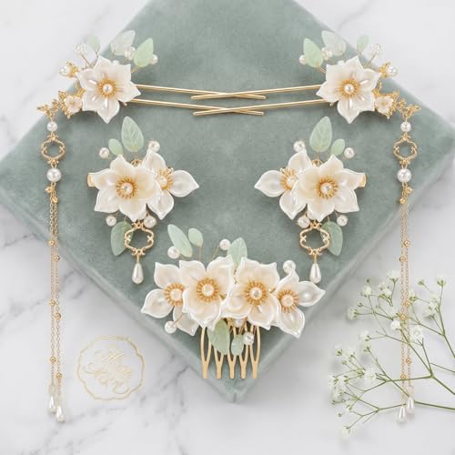 HINZIC 5pcs Flower Tassels Hairpin for Women, Non-Slip Crystal Pearl Camellia Hair Clips, Retro Chinese Hanfu Wedding Brides Hair Accessories for Long Hair - color: Camelia