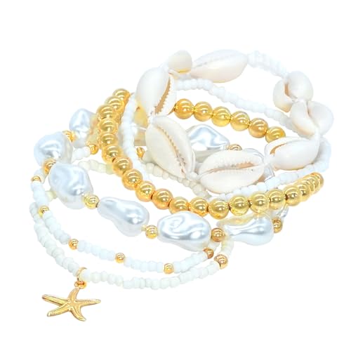 Beach Bracelets for Women Bohemian Stackable Heishi Surfer Bracelet Set Elastic Seashell Starfish Boho Friendship Bracelets for Summer Beach Party Holiday Vacation Jewelry - color: 7PCS-Gold Starfish/Big Pearl