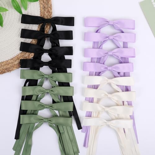 WORTL Hair Bows Clips Coquette Ribbon Bowknot with Long Tail Princess Hair Bows French Barrettes Hair Accessories for Women Girls 16PCS (Cream, Green, Purple, Black) - color: Cream, Green, Purple, Black