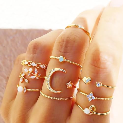 Boho Stackable Rings for Women Trendy Knuckle Joint Finger Knuckle Nail Ring Sets Simple Star Moon Stack Preppy Statement Rings Cute Stuff - style: B-2