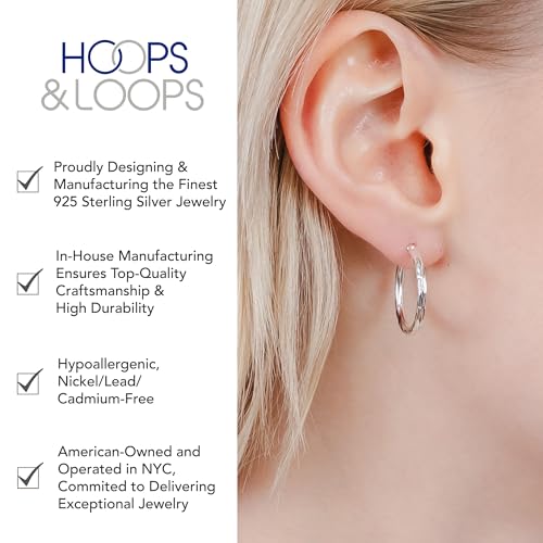 Hoops & Loops 925 Sterling Silver Diamond-Cut Hoop Earrings for Women, 2mm Textured Lightweight Click Top Hoops, 15mm 20mm 25mm 30mm, Silver 14k Yellow Gold & Rose Gold Flash Plated - color: Silver - 20mm (0.78'')