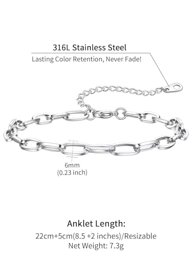 ChainsHouse Ankle Bracelets for Women, Stainless Steel Chain Anklets Waterproof, Women Summer Beach Jewelry Gift, Come with Box - color: 01. 1Pcs-(6mm)-Paperclip-Steel