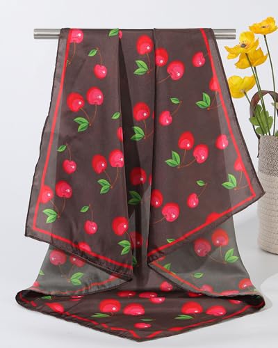 AWAYTR 27.5” Square Satin Head Scarf Hair Scarf for Women's Hair Silk Bandana for Women Silk Head Wrap for Sleeping - color: Brown+cherry