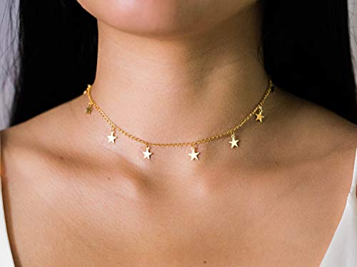 Gold Choker Necklaces 14K Gold Plated/Silver Disc Choker Necklaces Dangling Star Heart Pendant Necklaces Summer Beach Boho Necklaces Aesthetic Necklace Gift for Women - color: Gold Star