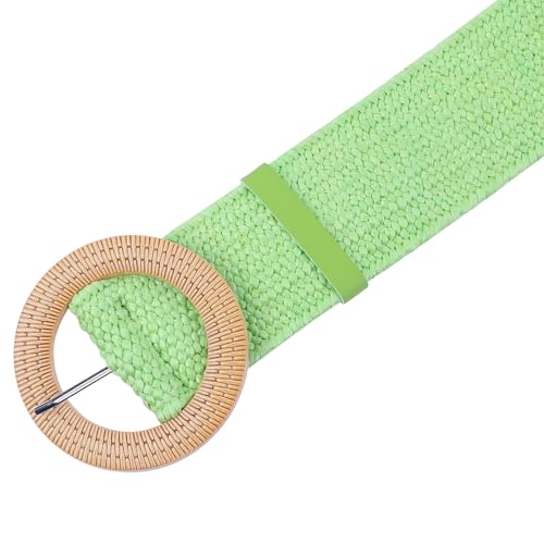 Women's Cotton and Linen Style Plastic Straw Braided Belt Circle Buckle for Dresses - color: Green
