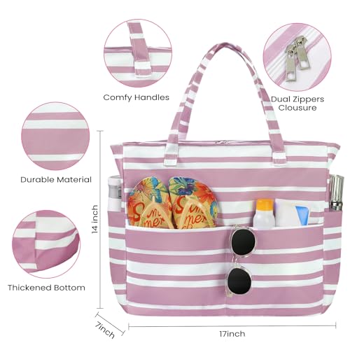 Trifabricy Beach Bags for Women Waterproof Sandproof Women Tote Bag, Large Beach Bag with Zipper for Gym Travel Vocation - color: Pink
