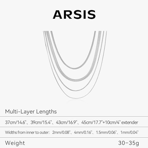 ARSIS 18K Gold Plated Herringbone Necklace Snake Chain Choker Dainty Layered Hypoallergenic Jewelry Gift for Women - color: Silver Multi-Layer