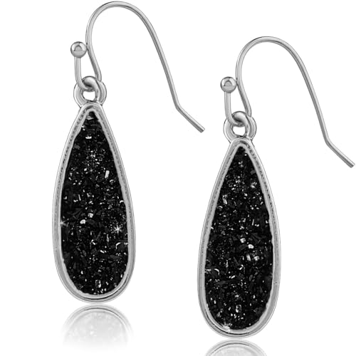 Teardrop Dangle Earrings for Women with Simulated Druzy Stones, in Gold or Rose Gold Tone - color: Silver - Black Stone