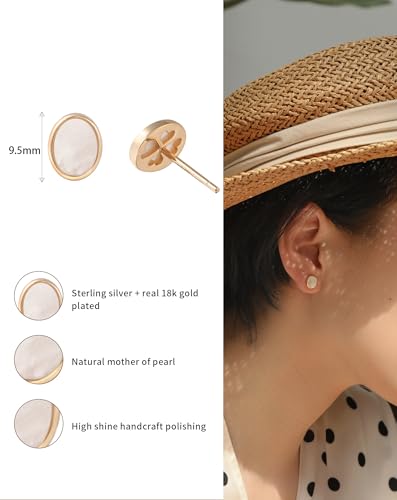 S.Leaf Gold Stud Earrings for Women Sterling Silver Gold plated Hypoallergenic Shell Mother of Pearl Post Earrings for Women Birthday Gifts - color: D01_Shell_7mm_Gold
