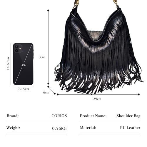 CORIOS Bohemian Fringe Leather Shoulder Bag for Women Dual-Side Tassel Handbag Underarm Purse Soft PU Leather Top Handle Bag - color: Black
