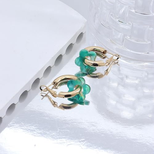 Chunky Acrylic Gold Small Flower Hoop Huggie Earrings, Colorful Boho Ear Piercing Dangle Drop Earrings, Dainty Chic Charm Jewelry Gift - color: Blue