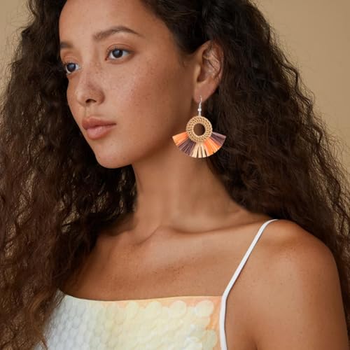 Boho Summer Beach Earrings for Women Lightweight Straw Wicker Earring Statement Raffia Fan Round Tassel Dangle Drop Earrings Hawaii Jewelry - style: Orange Round