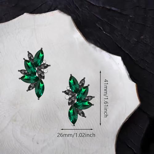 Bohemian Statement Sparkly Colourful Fancy Rhinestone Crystal Flower Dangle Drop Stud Earrings Vintage Wedding Bridal Prom Earrings for Women - color: Black Green
