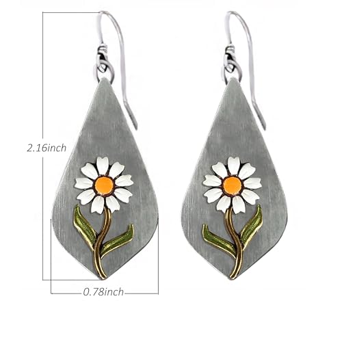 Boho Earrings, Statement Earrings, Teardrop Sunflower Earrings, Dangle Ethnic Earrings for Women, Handmade Bohemian Trendy Boho Vintage Jewelry - style: White Daisy