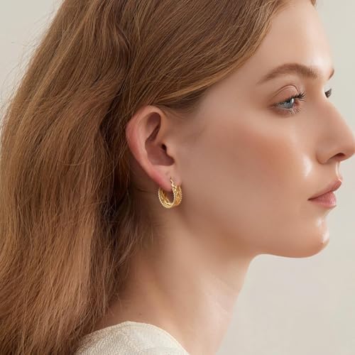 NEARLAND Gold Hoop Earrings 14K Gold Earrings for Women Gold Hoop Earrings for Womens Hoops Twisted Lines with Beaded Textures for Dimensional Look Hoops Earring for Womens