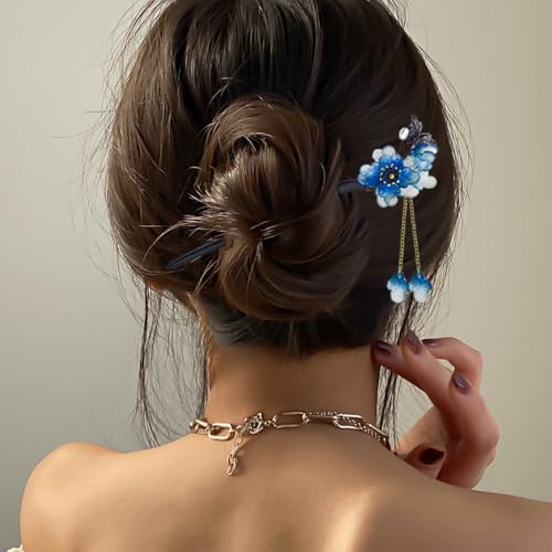 Blue Plum Blossom Resin Hairpin with Wooden Stick Elegant Tassel Chinese Hanfu Style Hair Fork for Women Girls