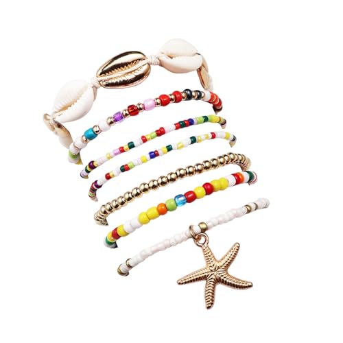 Pingyongchang Bohemian Stackable Shell Beaded Ankle Bracelets for Women Colorful Boho Multi-Layer Seashell Gold Starfish Adjustable Handmade Braid Bracelet Summer Beach Holiday Accessories Gifts - color: Multi