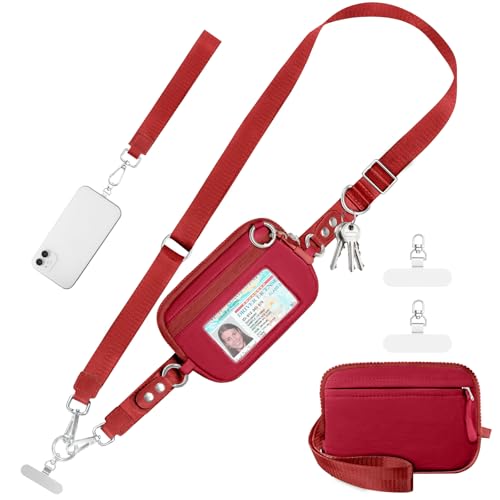 Tiostep Clip and Go Strap for Phone with Wallet Crossbody Phone Lanyard Adjustable and Detachable Wristlet Wallet with ID Window and Zipper, Red - color: Red, size: Medium