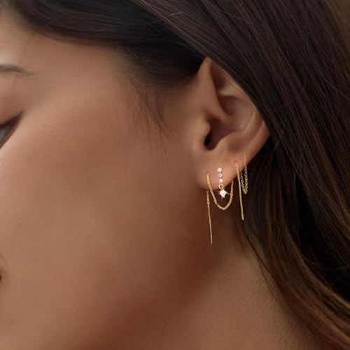Trendy Zircon Tassel Chain Threader Earrings Set for Women Chain Dangle Earrings Dainty Rhinestone Hoop Earrings Set for Women Stack Jewelry Long Drop Ear Line - color: Gold-one ear-C