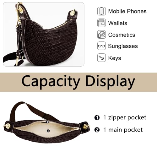 Straw Crossbody Bags for Women Crescent Woven Shoulder Handbag Summer Beach Hobo Purses with Adjustable Strap - color: Black Coffee