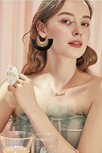 Tassel Hoop Earring Statement Thread Dangle Earrings Stylish Long Fringe Drop Earrings Lightweight Long Swingy French Hook Earrings for Women - color: B Black