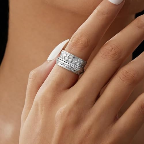 Stainless Steel Rings for Men Women, Vintage Chunky Silver Spinner Ring Band for Meditation, Relaxation& Stress Relief, Retro Wide Wrap Thumb Finger Midi Rings, Statement Cool Punk Band Ring Jewelry - color: R08Color2