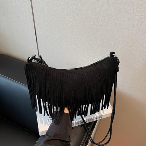 Women's Vegan Suede Fringe Crossbody Bag, Boho Crescent Shoulder Crossbody Purse, Retro Tassel Hippie Small Handbag Tote - color: Black