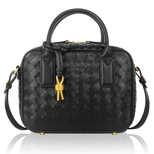 Women's Handmade Woven Top-handle Bag Fashion Leather Shoulder Handbag Crossbody Purse Woven Purse for Women - color: Black