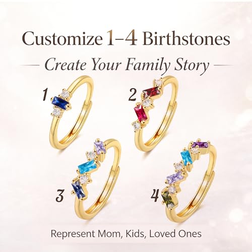 Personalized Birthstone Ring for Mom, 1–4 Baguette Birthstones Adjustable Ring, Minimalist Family Ring, Mother’s Day Gift for Mom Wife Grandma - color: 4 stones