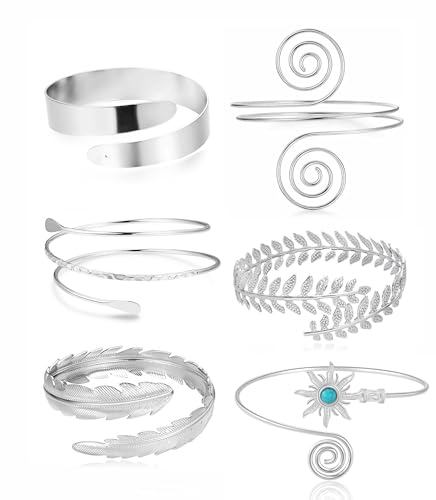 PLOMFOV 6 Pcs Arm Cuff Jewelry for Women Gold Upper Arm Bands Bangle Silver Arm Cuffs Bracelet Adjustable Armlet Set
