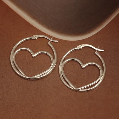 LeCalla 925 Sterling Silver Heart Hoop Earrings for Women | Love Theme Heart Shaped Hoop Earring | Womens Italian Love Heart Earrings Hoops - color: Classic Double Heart