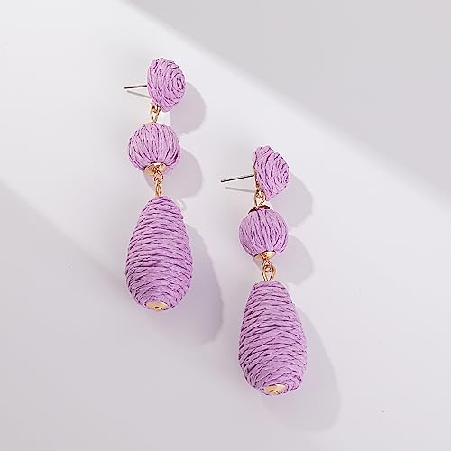 Boho Raffia Earrings Statement Dangle Earrings Cute Teardrop Ball Earrings Colorful Summer Jewelry Handmade Rattan Earrings for Women - color: Purple