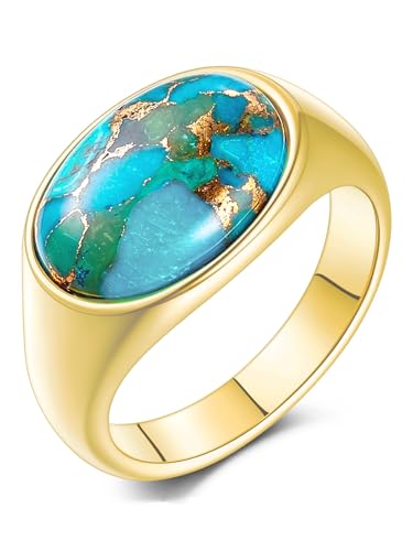 Turquoise Rings for Women, 14K Gold-Plated Stainless Steel Statement Ring with Oval Teal Turquoise, Lightweight and Non Tarnish, Vintage Boho Jewelry Gift for Her, Size 5-9 - color: Gold