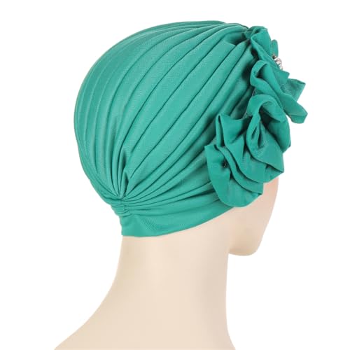 Flower Turban Hats for Women - Ruffle Bead Stretch Solid Caps Chemo Cancer Pre Tied Headscarf Headwear - color: Teal
