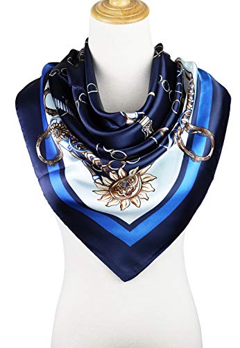 vabovin Satin Head Scarf for Women Silk Like Hair Scarf, 35 x 35 in | Silk Feel Fabric, Hair Wrap for Sleeping, Headscarf and Neck Scarf, Square Bandana Style, Fashion Accessory - color: 011 Blue Chain Print