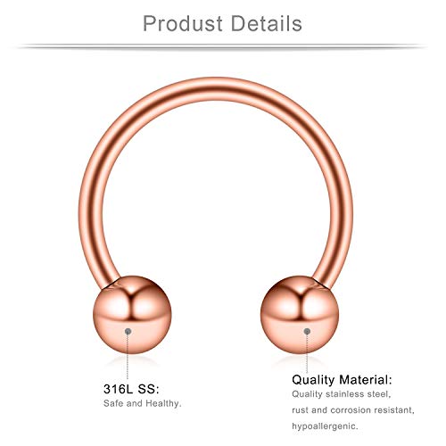 Ruifan 16G Surgical Steel CBR Nose Septum Horseshoe Earring Eyebrow Tongue Lip Nipple Helix Tragus Piercing Ring 6-16mm - color: 6PRS - Rose Gold