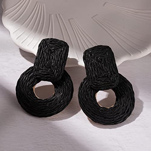 Statement Raffia Earrings Cute Boho Earrings Rattan Dangle Earrings Handmade Straw Wrap Earrings Summer Drop Dangling Earrings for Women Teen Girls - color: Black2