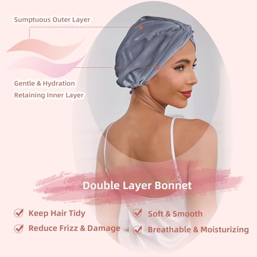 Adjustable Silk Satin Hair Bonnet for Sleeping Women, Double Layer, Silk Hair Wrap for Sleeping Women Men, Curly Natural Braid Straight Unisex - Slate Grey - color: Slate Grey