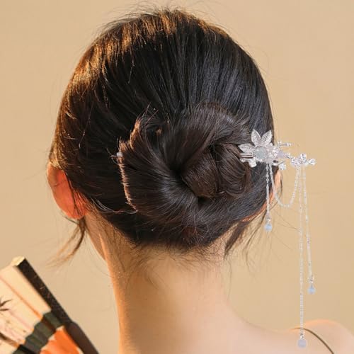 KALLORY Hair Stick for Women Tassel Flower Hairpin Lightweight Retro Hair Fork for Buns Wedding Party Styling Tool