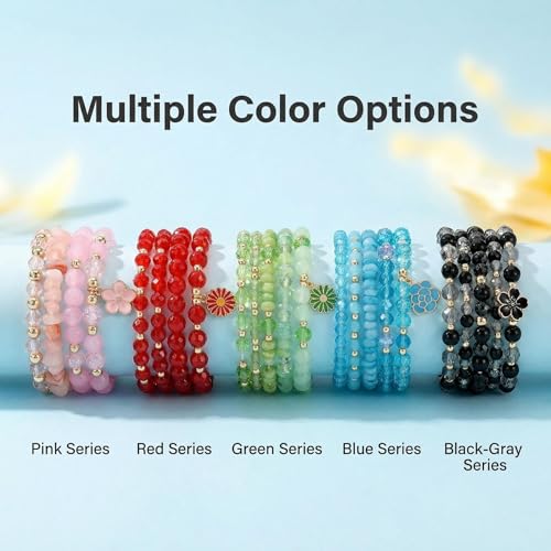 LOTSOF Boho Flower Beaded Bracelet Set for Women - Multilayer Crystal & Flower Charm Stackable Bracelets, Fashion Jewelry Gift for Her - color: Pink