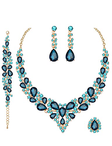 CSY 4 Pcs/Set Austrian Crystal Necklace Earrings Bracelet Ring Bridal Jewelry Sets for Brides Wedding Party Costume Accessories Gifts for Women - color: 02-gold plated-aquamarine
